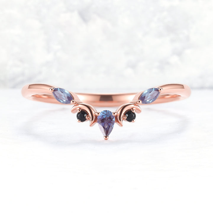 Curved Moon Pear Cut Alexandrite Wedding Band
