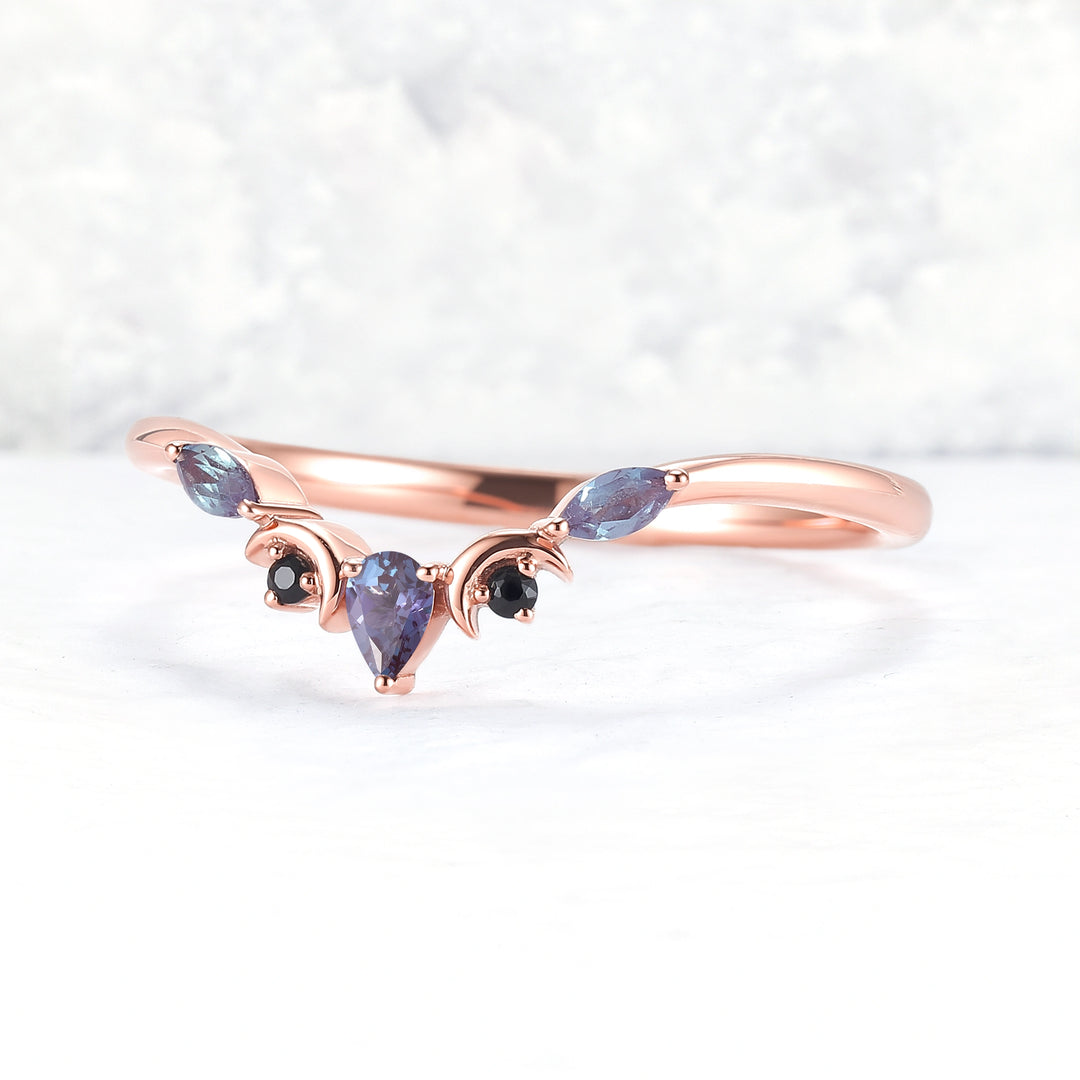Curved Moon Pear Cut Alexandrite Wedding Band