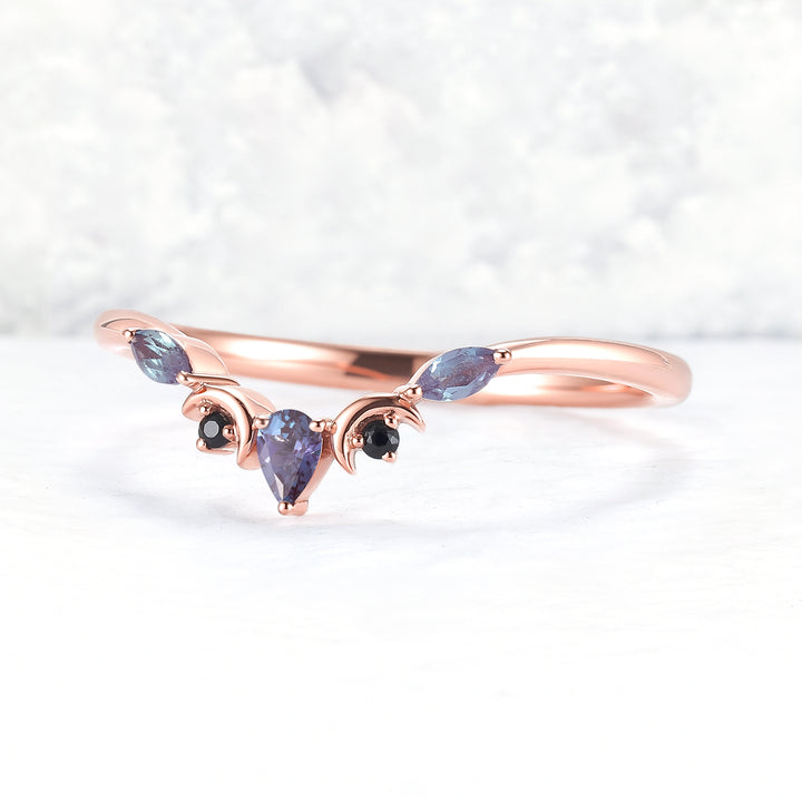 Curved Moon Pear Cut Alexandrite Wedding Band