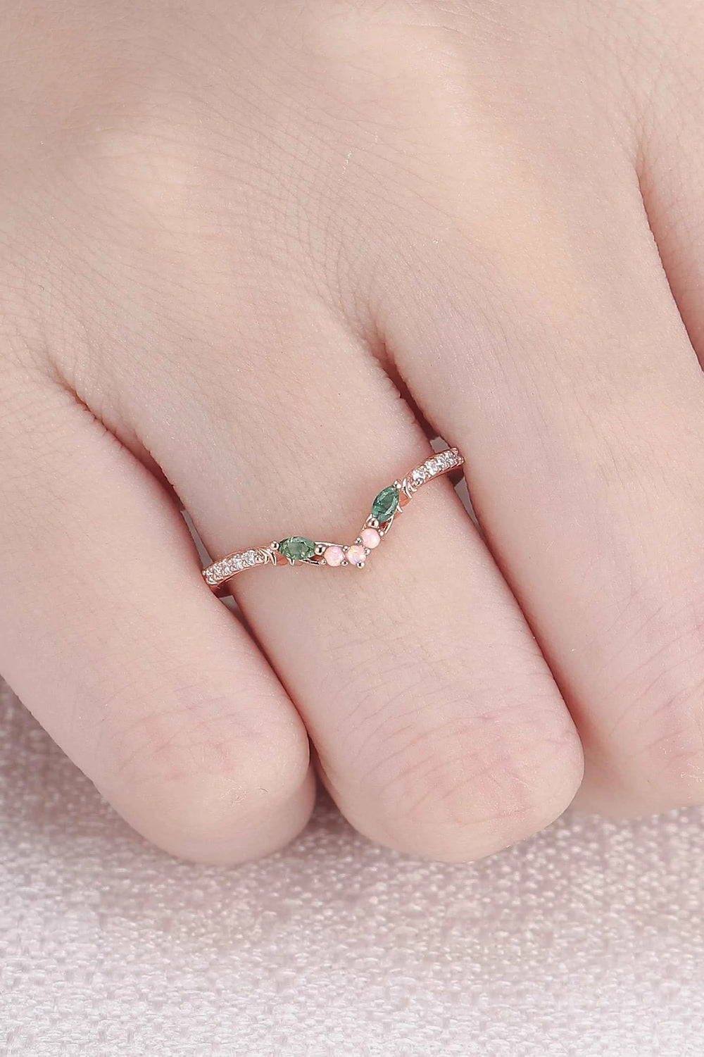 Curved Moss Agate & Opal Twig Wedding Band
