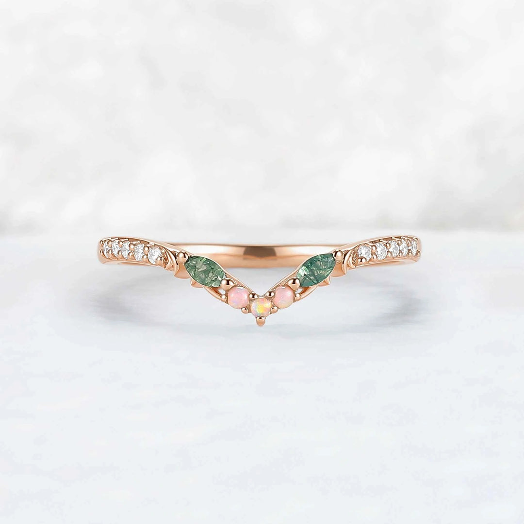 Curved Moss Agate & Opal Twig Wedding Band