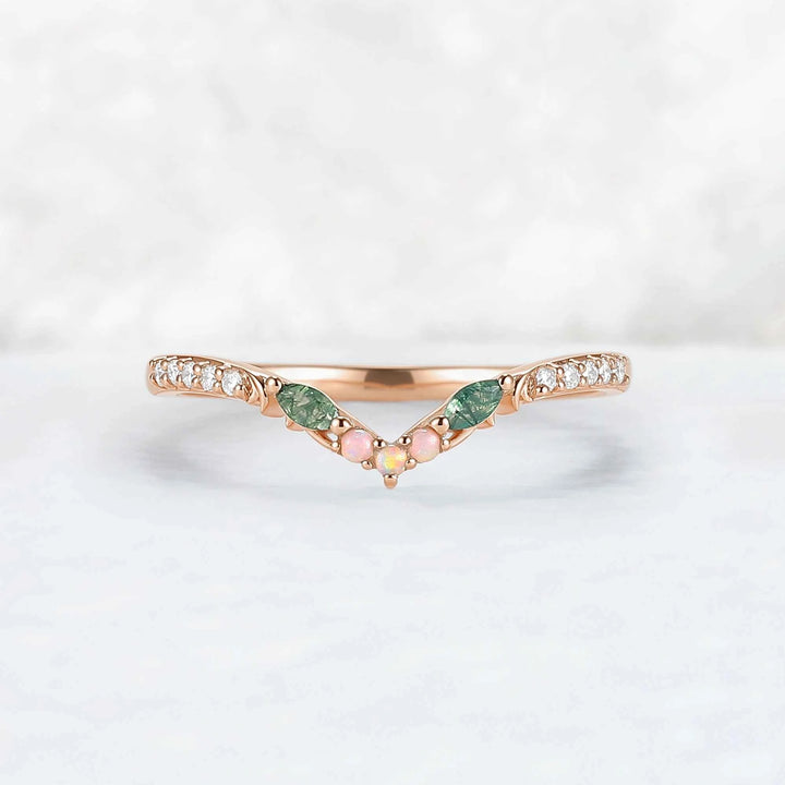 Curved Moss Agate & Opal Twig Wedding Band