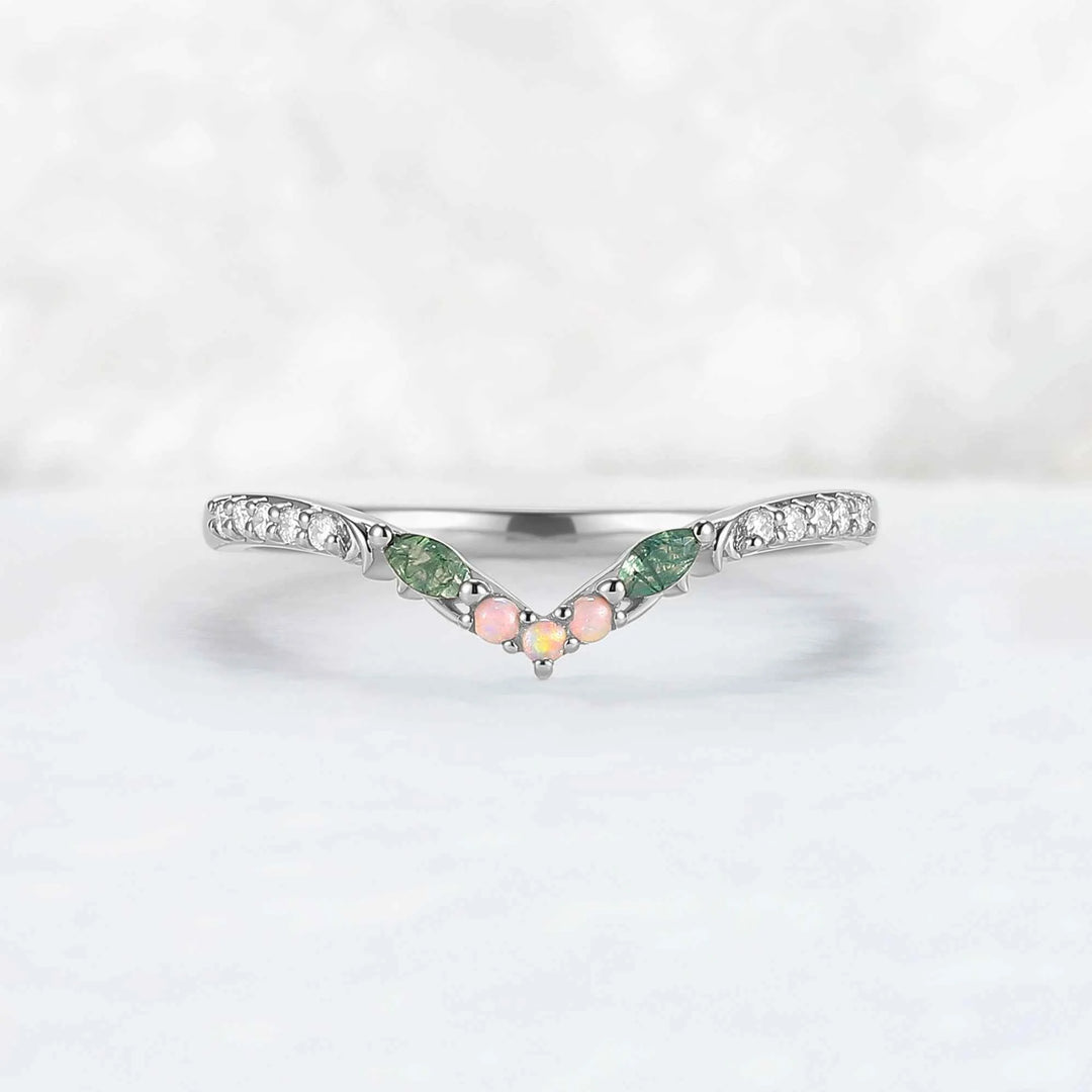 Curved Moss Agate & Opal Twig Wedding Band