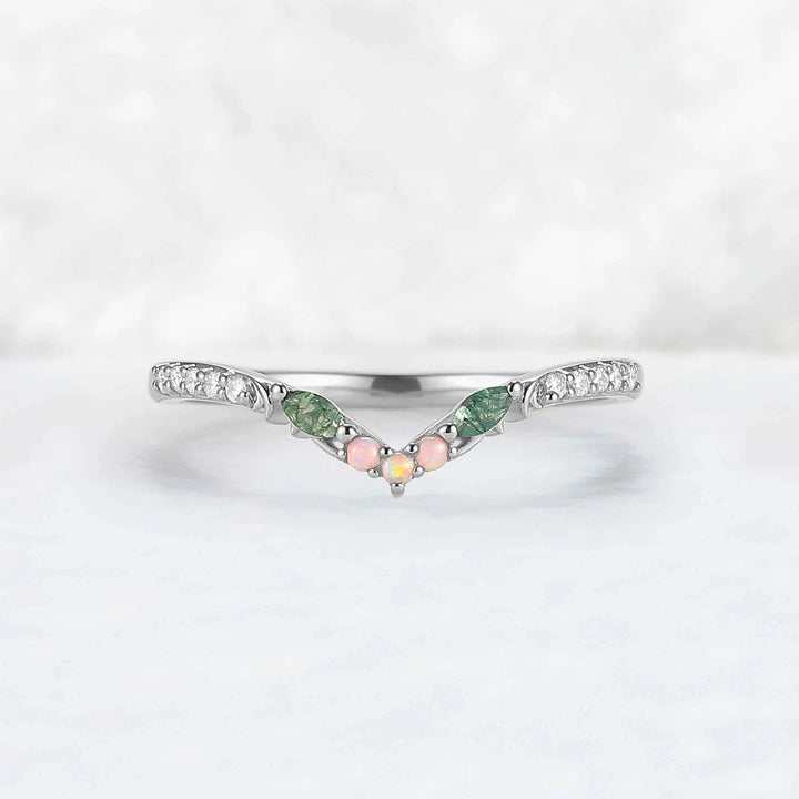 Curved Moss Agate & Opal Twig Wedding Band