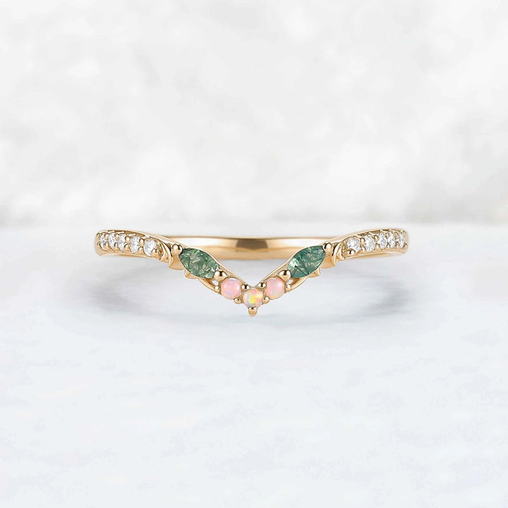 Curved Moss Agate & Opal Twig Wedding Band