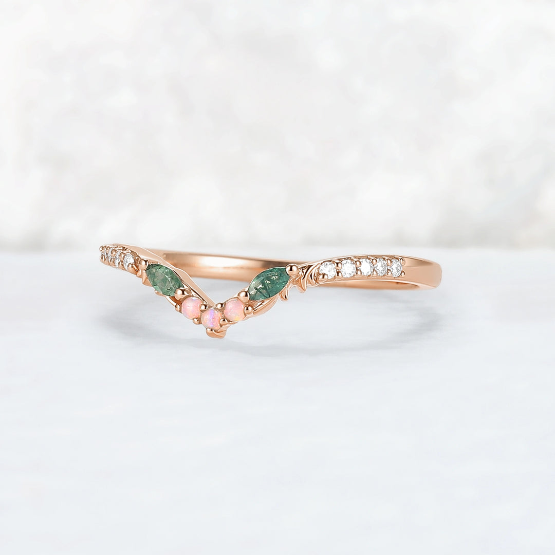 Curved Moss Agate & Opal Twig Wedding Band