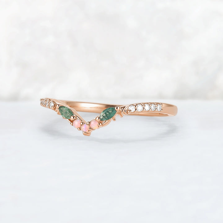 Curved Moss Agate & Opal Twig Wedding Band