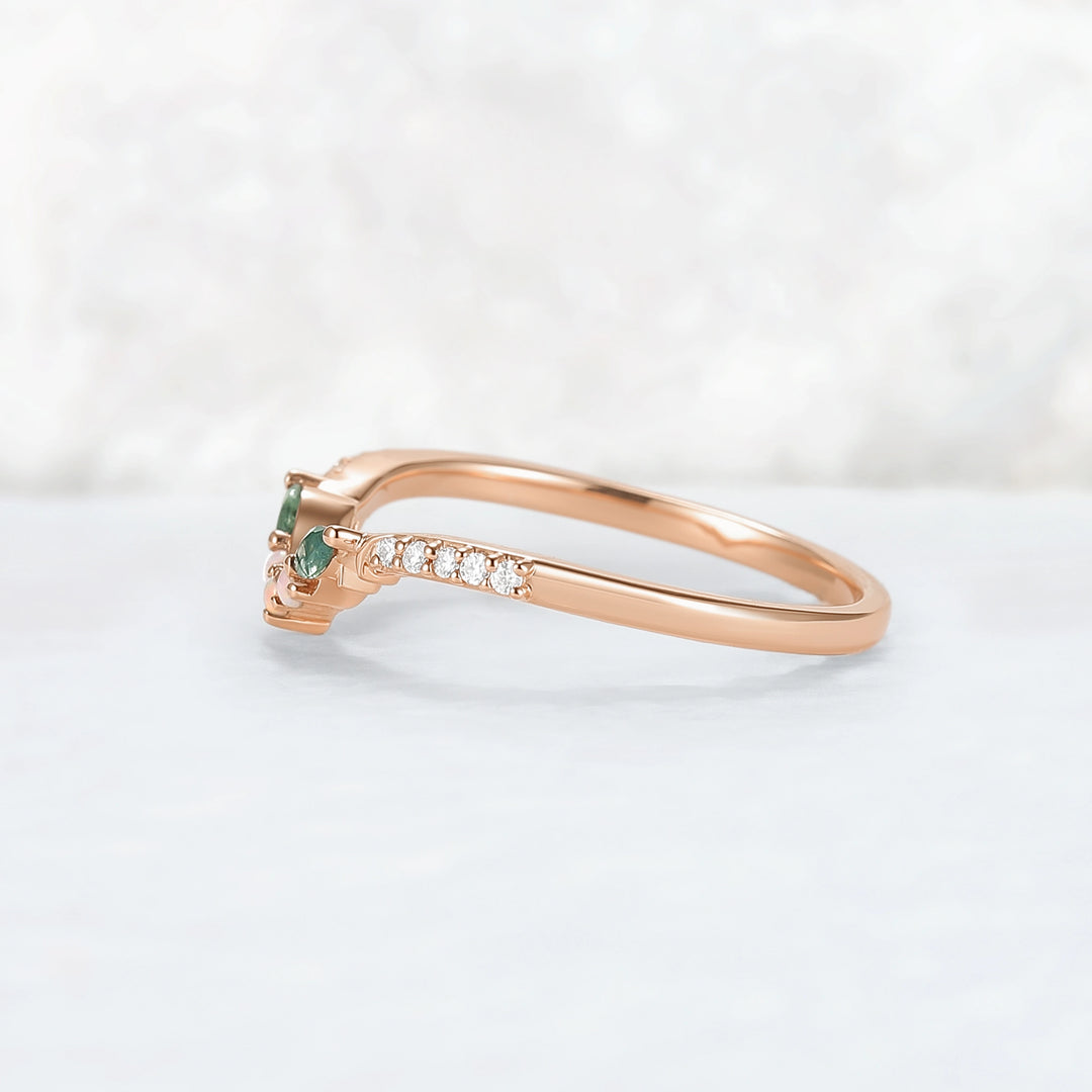 Curved Moss Agate & Opal Twig Wedding Band