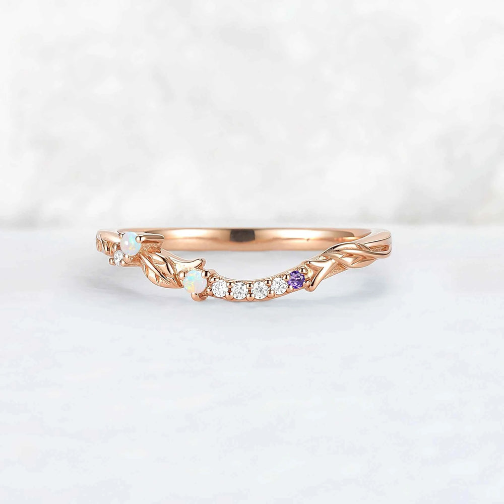Curved Opal and Moissanite Leafy Wedding Ring