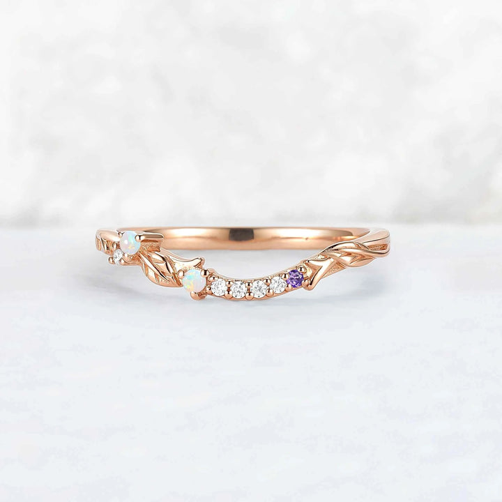 Curved Opal and Moissanite Leafy Wedding Ring