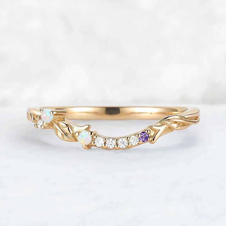 Curved Opal and Moissanite Leafy Wedding Ring