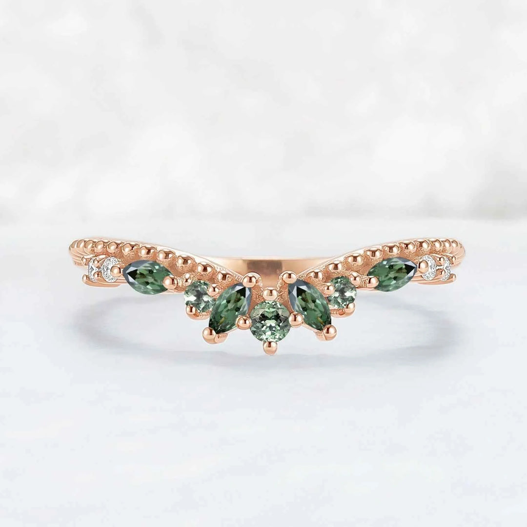 Curved Pear Cut Green Sapphire with Moissanite Wedding Ring