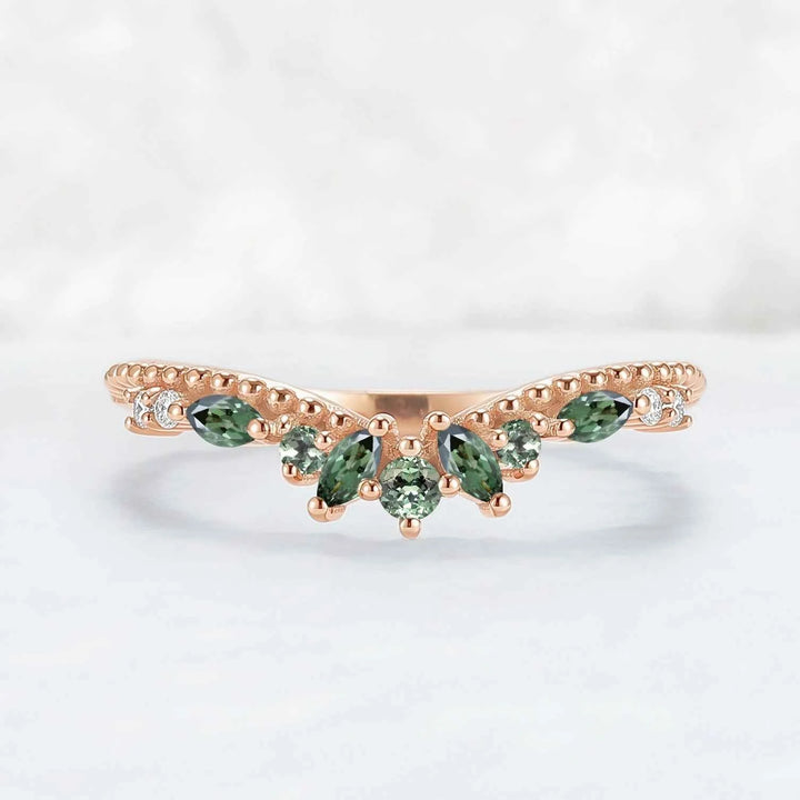 Curved Pear Cut Green Sapphire with Moissanite Wedding Ring