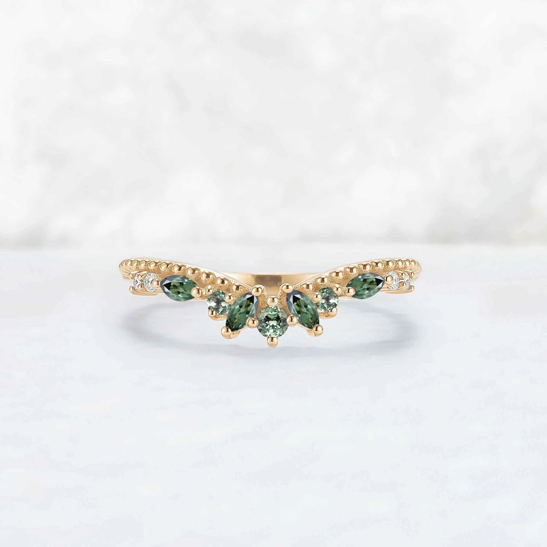 Curved Pear Cut Green Sapphire with Moissanite Wedding Ring