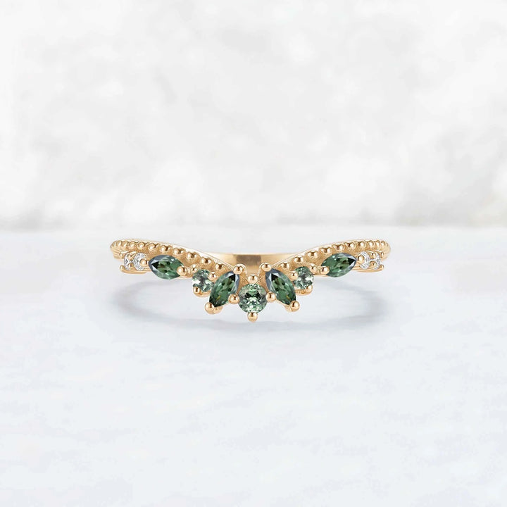 Curved Pear Cut Green Sapphire with Moissanite Wedding Ring