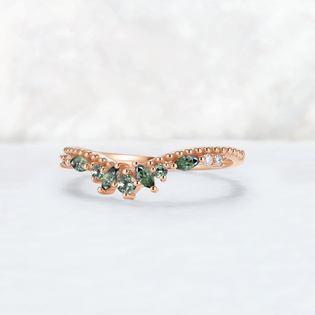 Curved Pear Cut Green Sapphire with Moissanite Wedding Ring