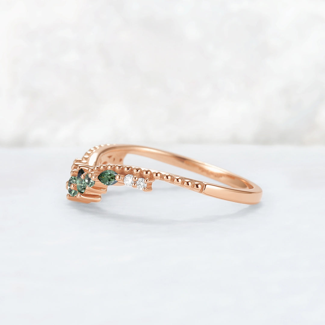Curved Pear Cut Green Sapphire with Moissanite Wedding Ring