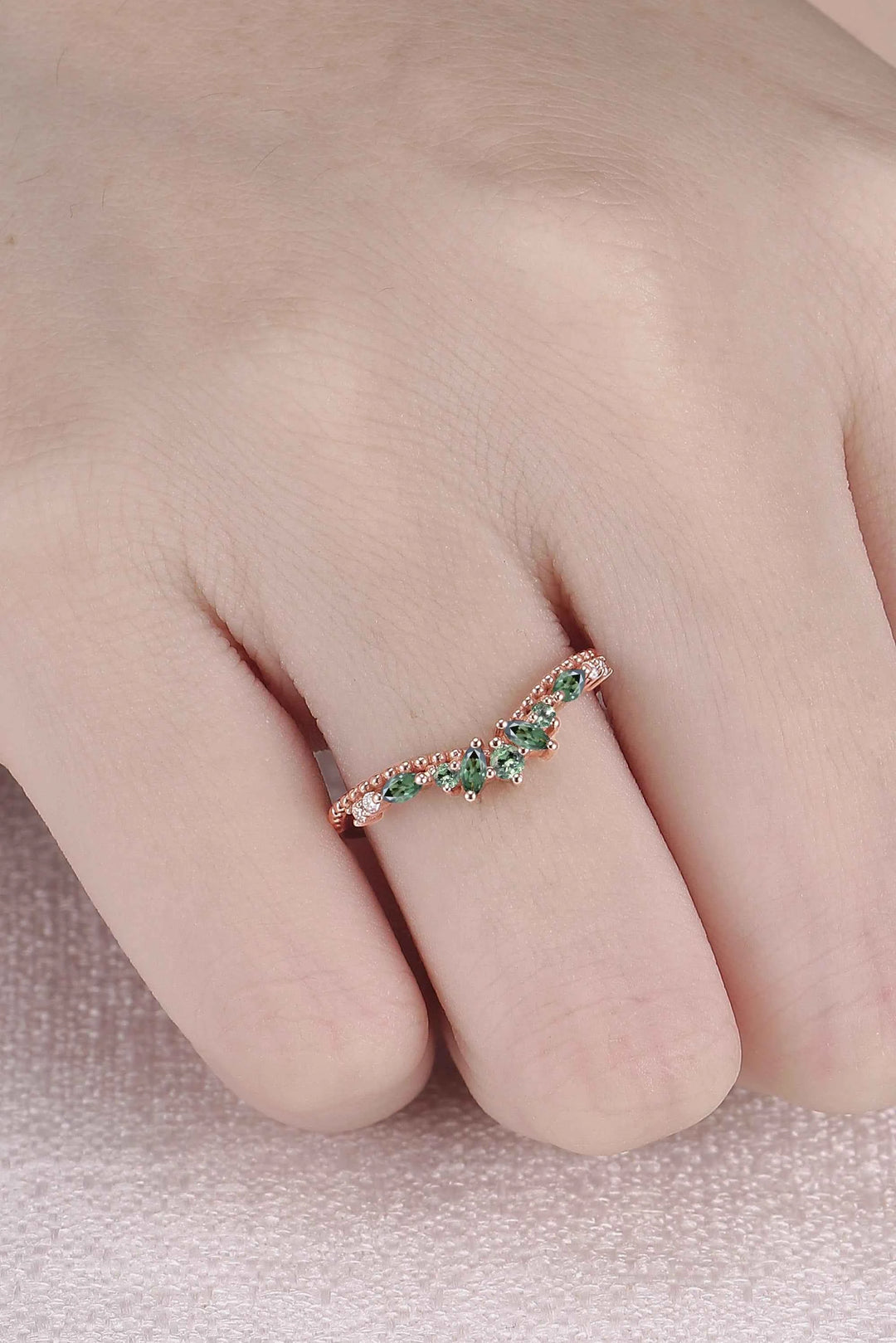 Curved Pear Cut Green Sapphire with Moissanite Wedding Ring