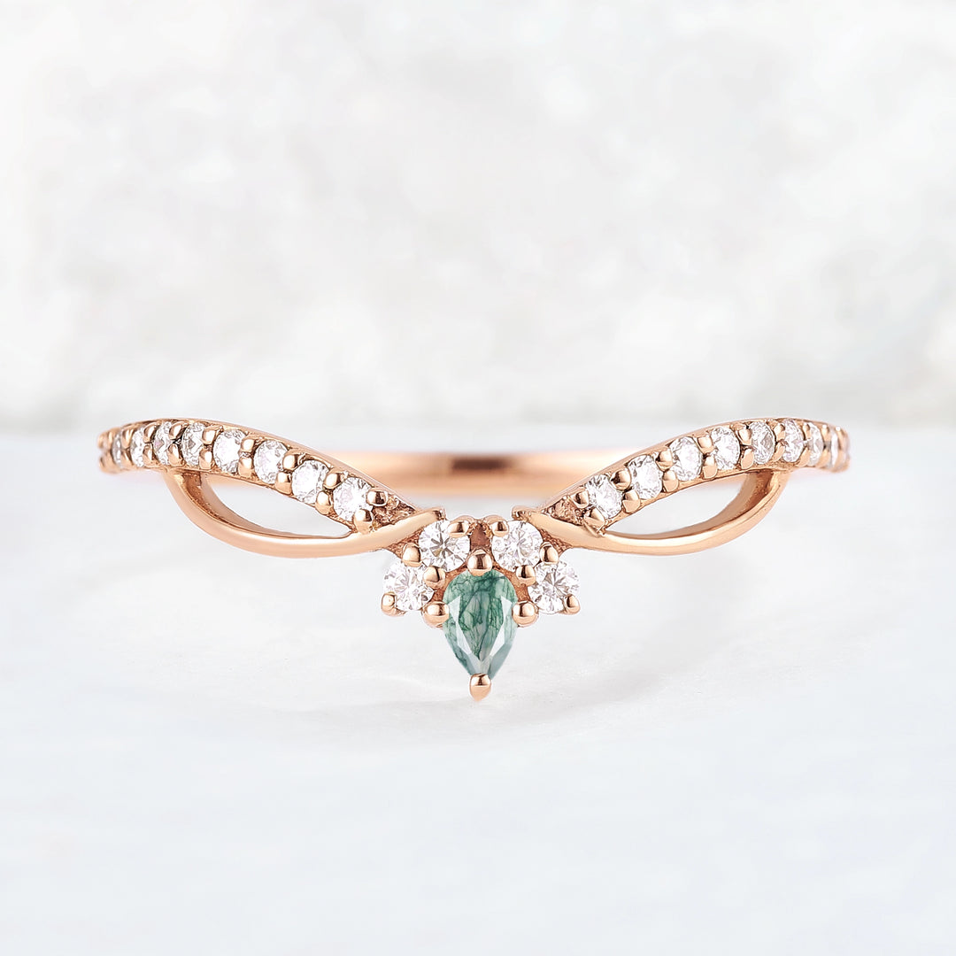 Curved Pear Shaped Moss Agate Vine Stacking Ring