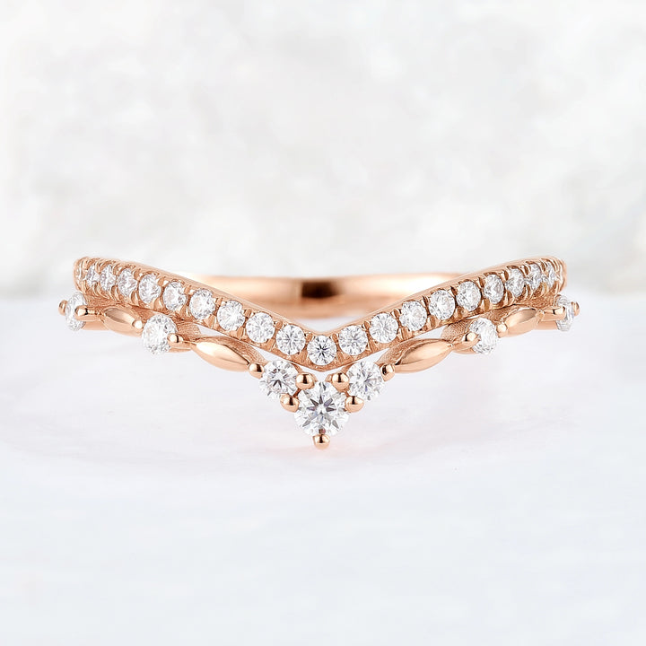 Curved Round Cut Moissanite 14k Rose Gold Stacking Ring