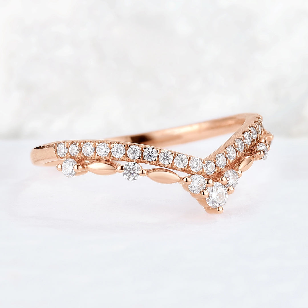 Curved Round Cut Moissanite 14k Rose Gold Stacking Ring