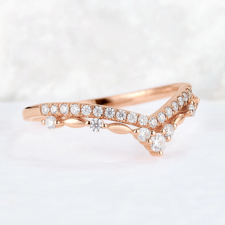 Curved Round Cut Moissanite 14k Rose Gold Stacking Ring