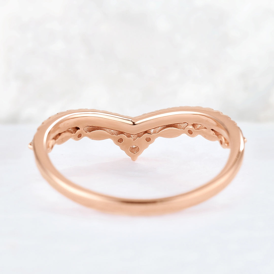 Curved Round Cut Moissanite 14k Rose Gold Stacking Ring