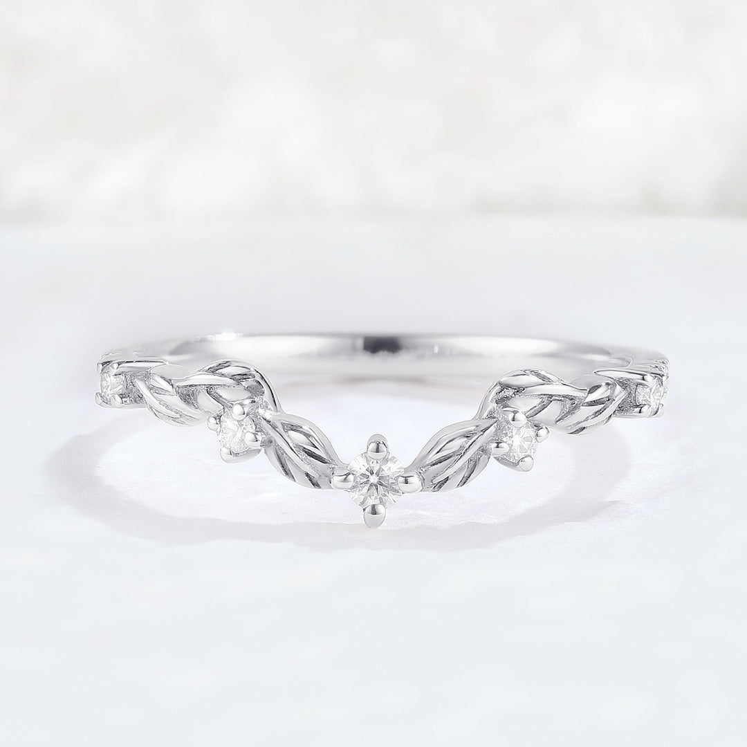 Curved Round Cut Moissanite Leaf Rose Gold Stacking Ring