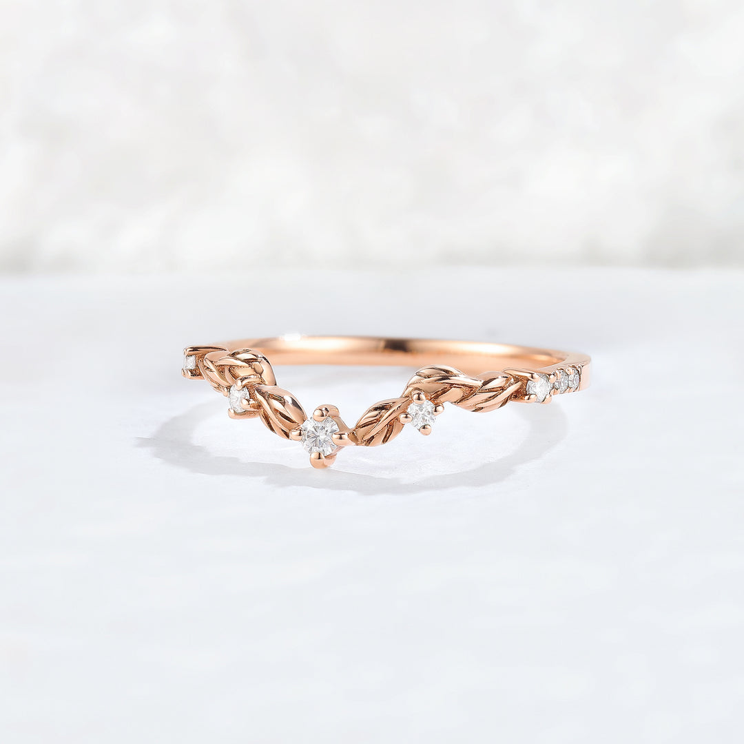 Curved Round Cut Moissanite Leaf Rose Gold Stacking Ring
