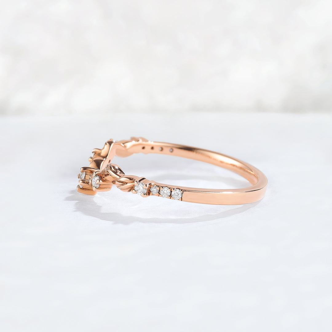 Curved Round Cut Moissanite Leaf Rose Gold Stacking Ring