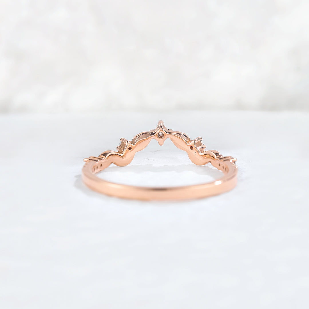 Curved Round Cut Moissanite Leaf Rose Gold Stacking Ring