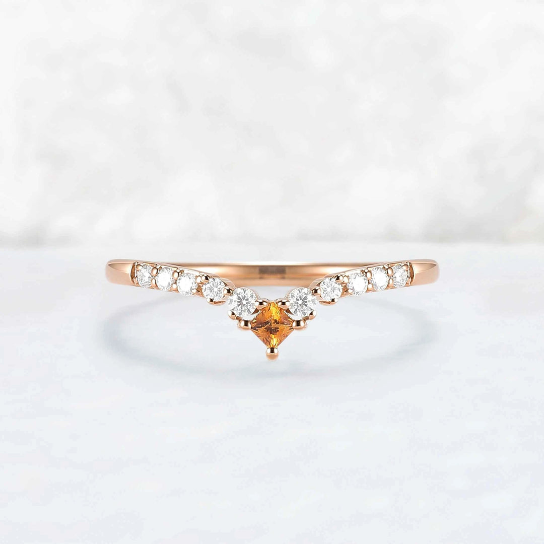 Curved Square Cut Citrine Stone Wedding Band