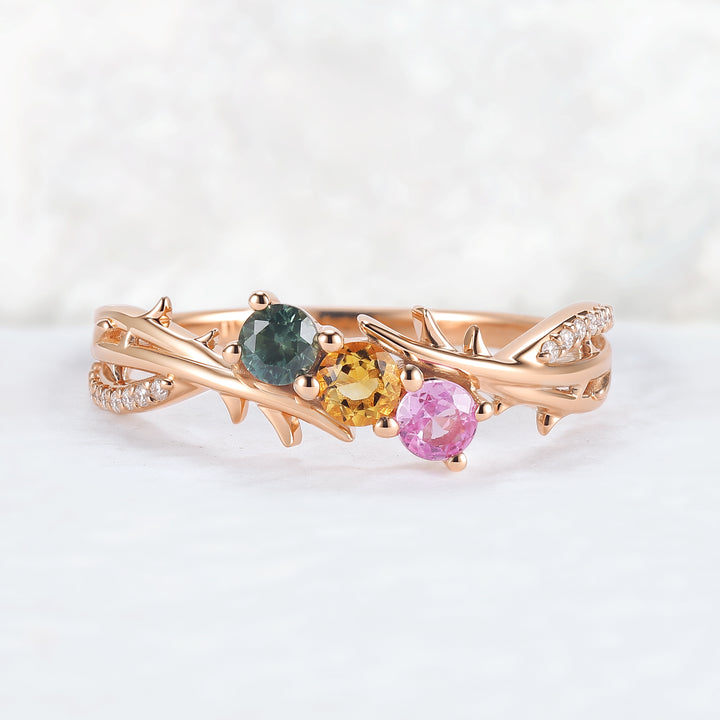 Custom Three-Stone Family Ring for Women – Personalized with Birthstones