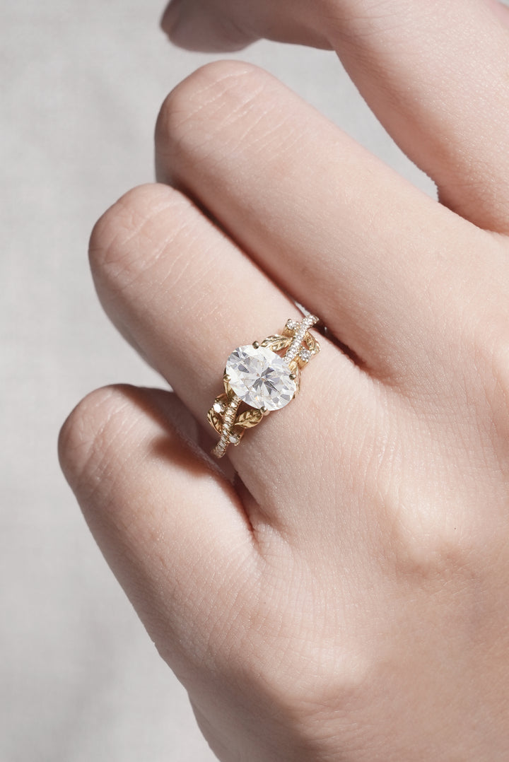 Nature Inspired Oval Cut Moissanite Leaf Gemstone Ring