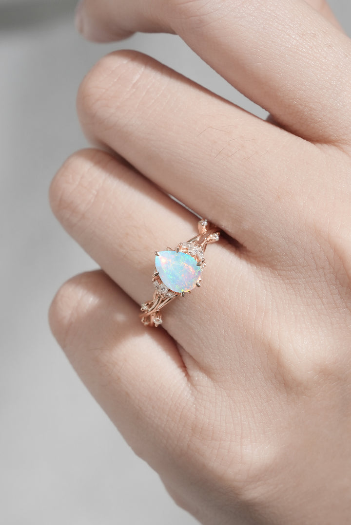 Unique Pear Cut Opal and Moissanite Vine Ring