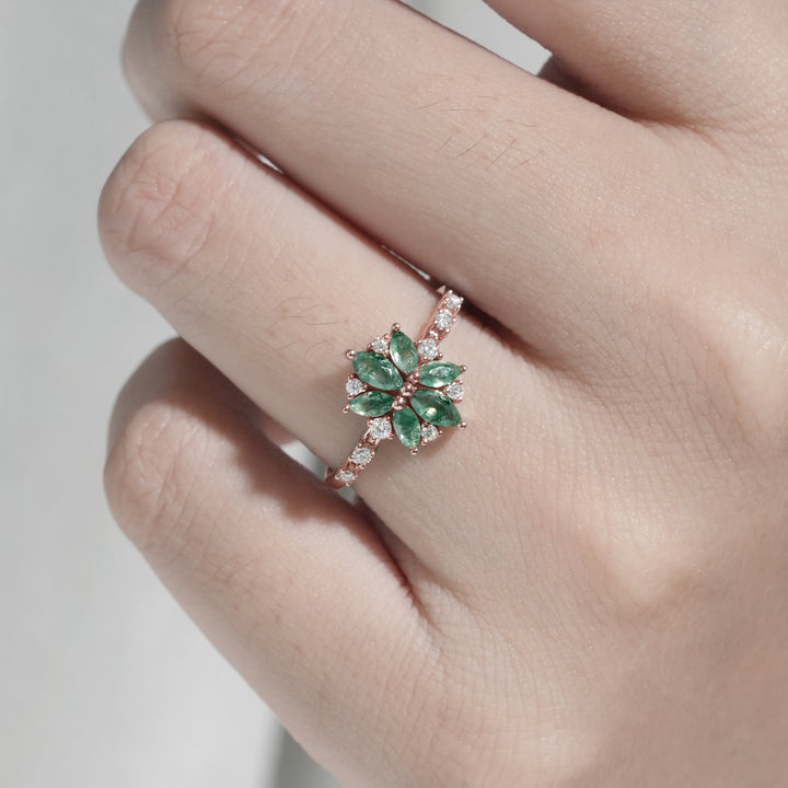 Unique Marquise Shaped Moss Agate Moissanite Bridal Ring