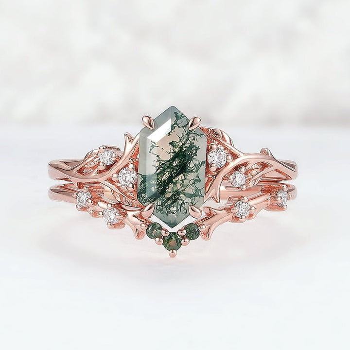 Nature Hexagon Cut Moss Agate Vine Engagement Ring Set 2pcs