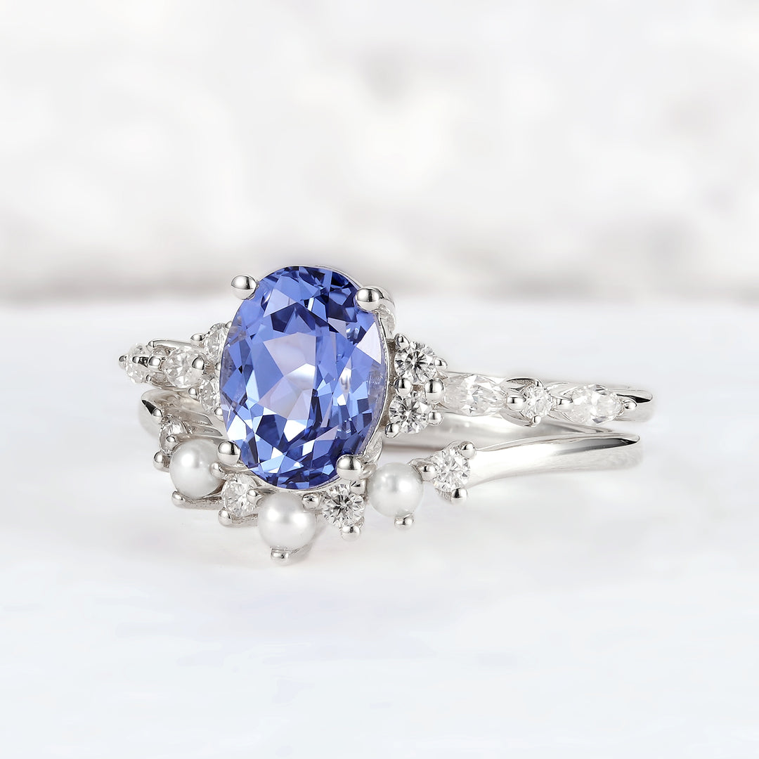 Unique Oval Cornflower Sapphire pearl engagement ring set 2pcs