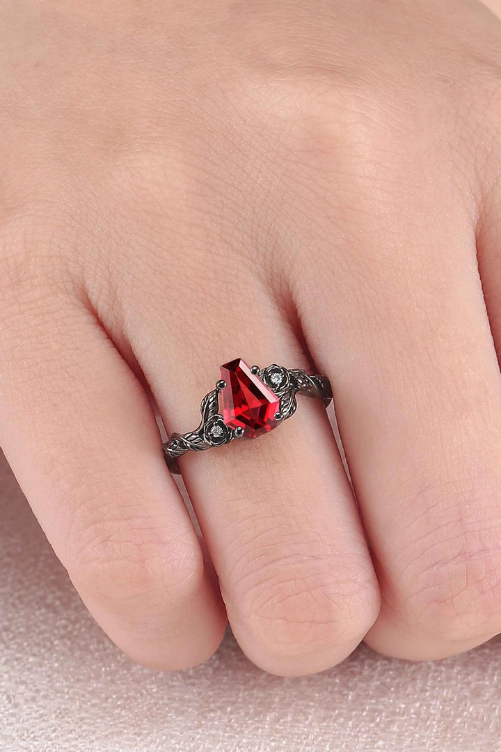 Dark Romance Red Conffin Cut Garnet Stone Rose Floral Ring