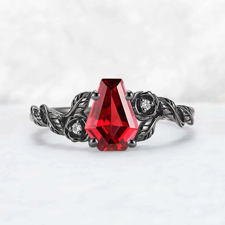 Dark Romance Red Conffin Cut Garnet Stone Rose Floral Ring