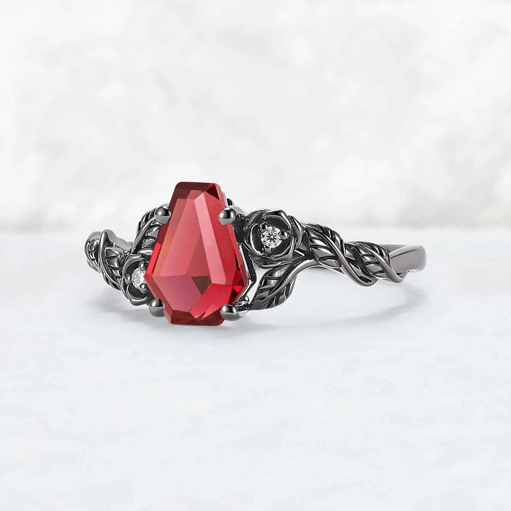 Dark Romance Red Conffin Cut Garnet Stone Rose Floral Ring