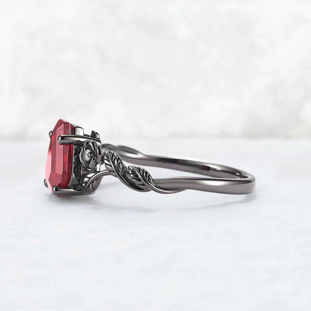 Dark Romance Red Conffin Cut Garnet Stone Rose Floral Ring