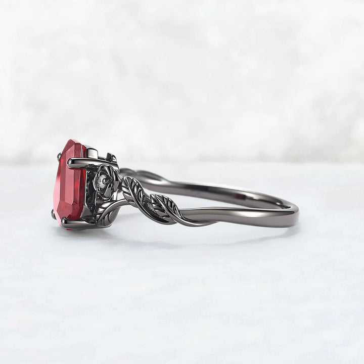 Dark Romance Red Conffin Cut Garnet Stone Rose Floral Ring