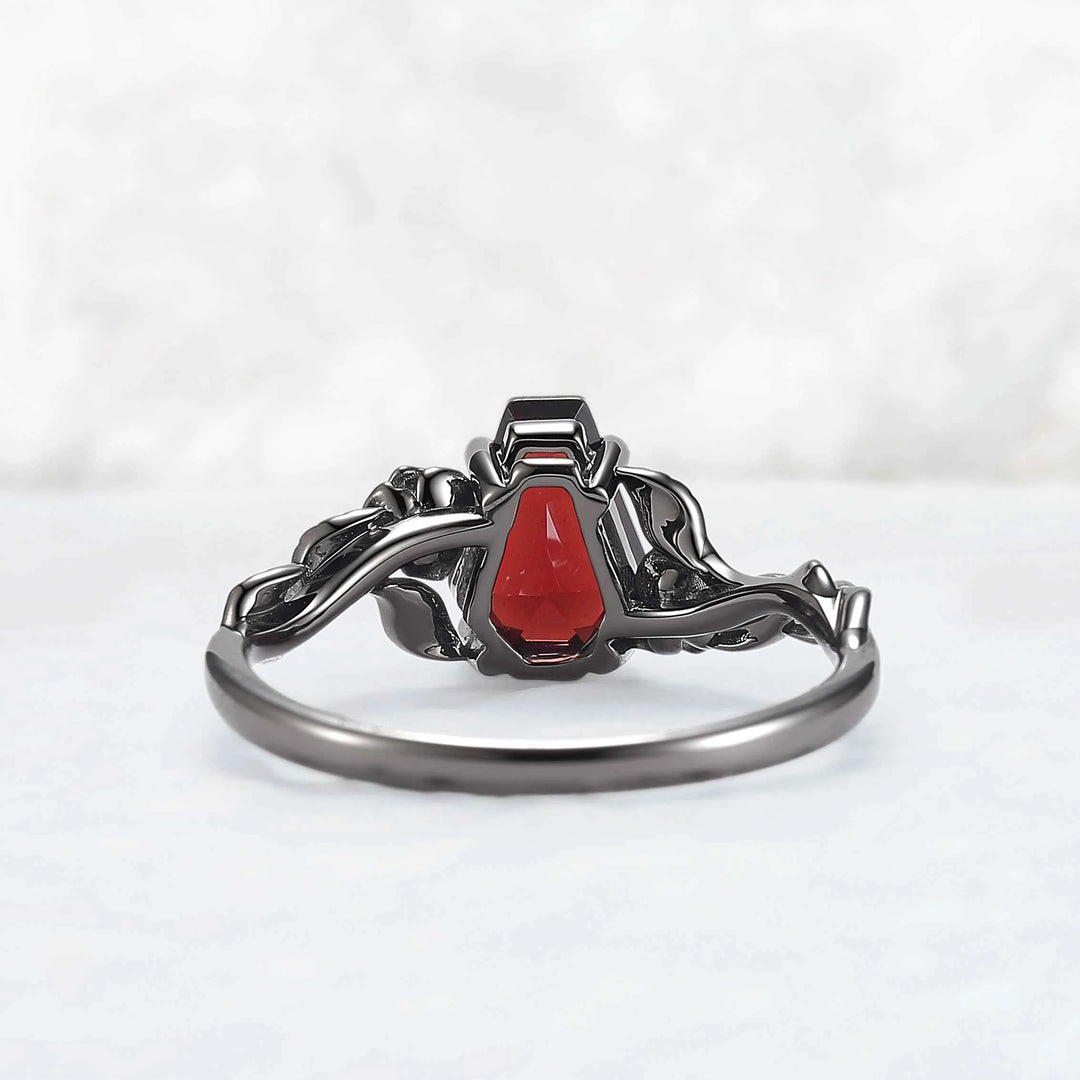 Dark Romance Red Conffin Cut Garnet Stone Rose Floral Ring
