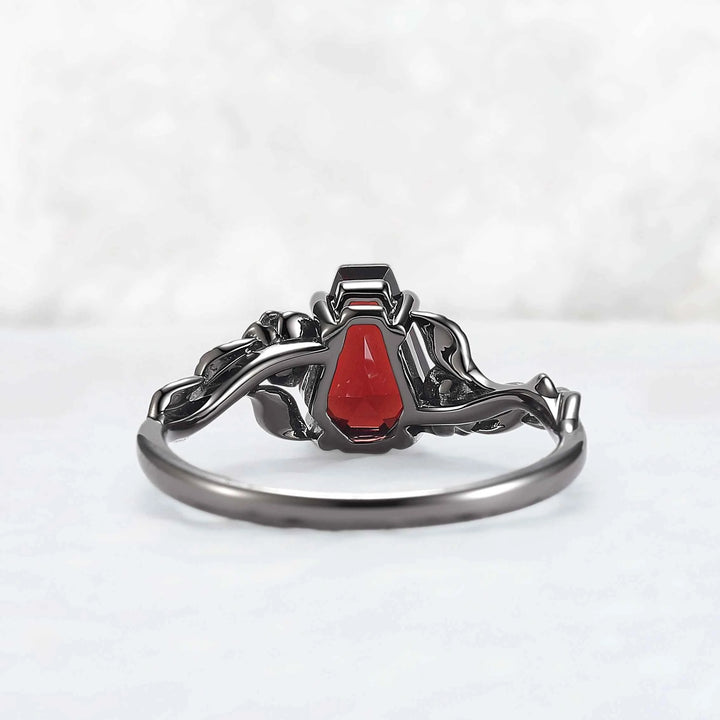 Dark Romance Red Conffin Cut Garnet Stone Rose Floral Ring