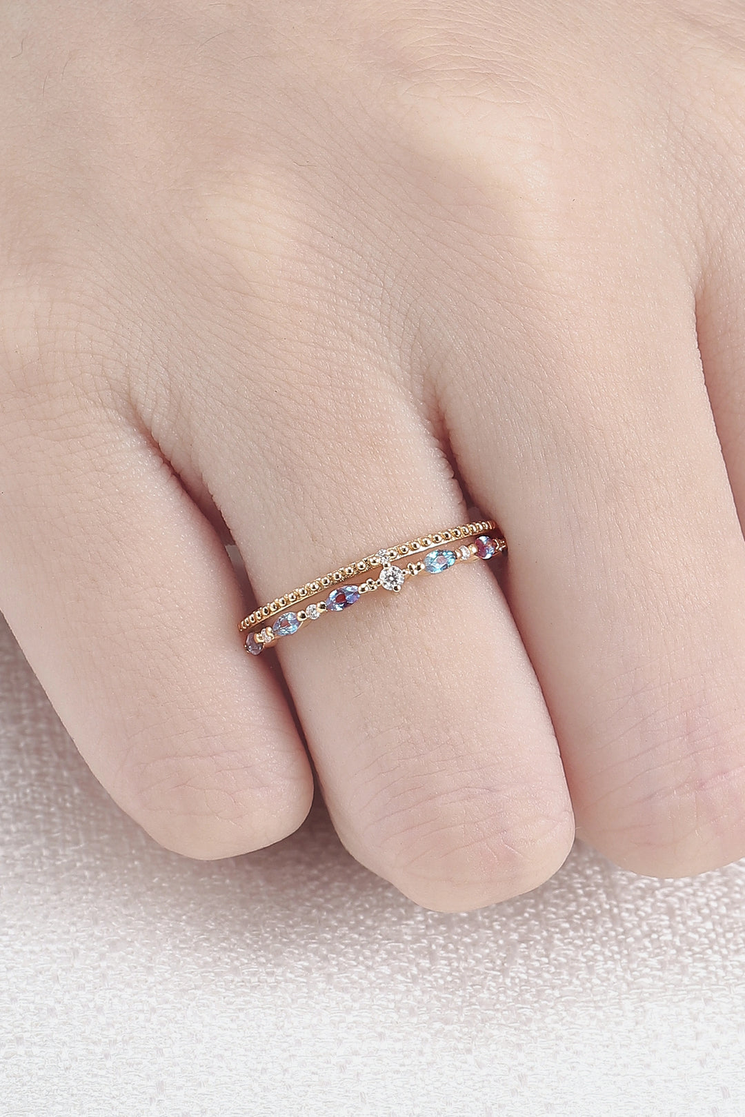 Double-Ring Arm Marquise Cut Alexandrite Beaded Edge Stacking Ring