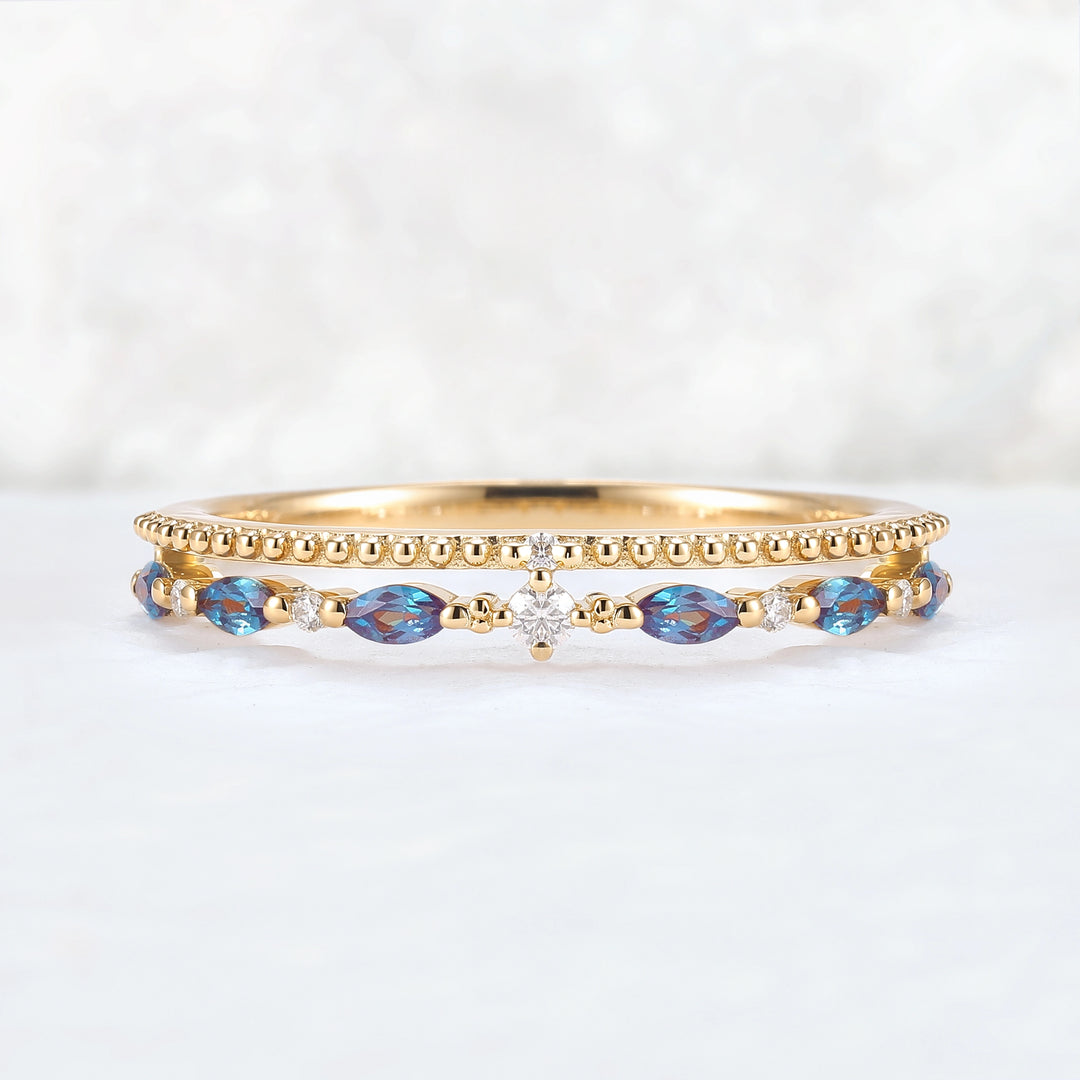 Double-Ring Arm Marquise Cut Alexandrite Beaded Edge Stacking Ring