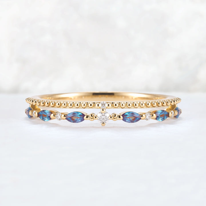 Double-Ring Arm Marquise Cut Alexandrite Beaded Edge Stacking Ring