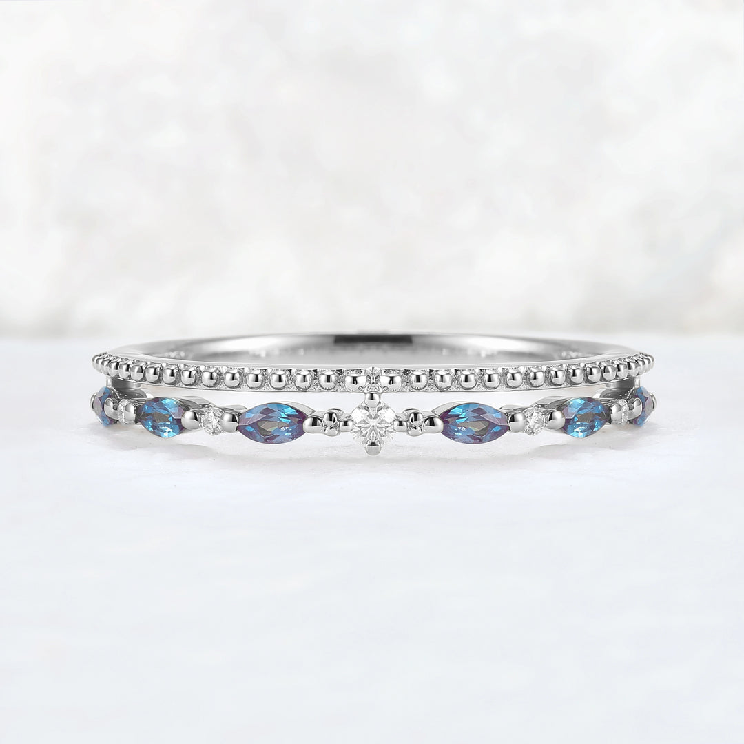Double-Ring Arm Marquise Cut Alexandrite Beaded Edge Stacking Ring