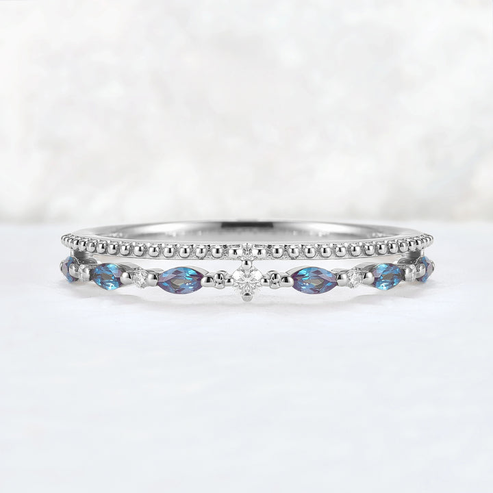 Double-Ring Arm Marquise Cut Alexandrite Beaded Edge Stacking Ring